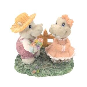 House Hippos Gray Boy Girl Hippopotamus Figurine Flowers Grass Fence Girly Cute